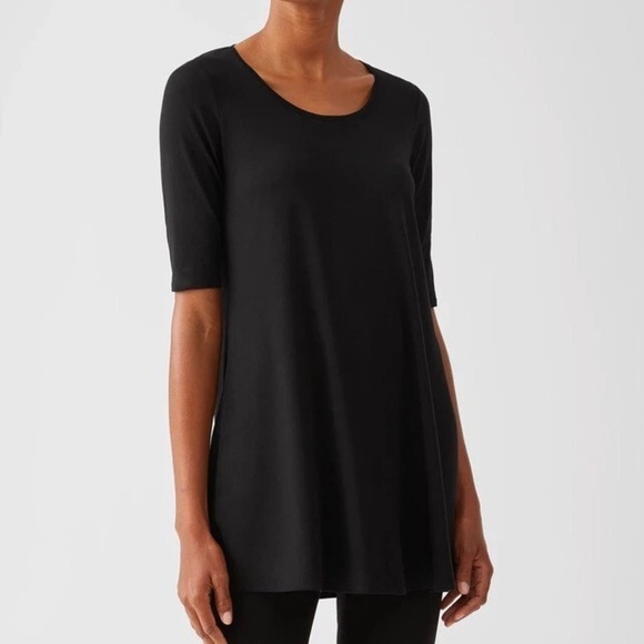 Eileen Fisher Fine Jersey Knit Top Scoop Neck 3/4 Sleeve Womens Black Size M - Picture 1 of 9